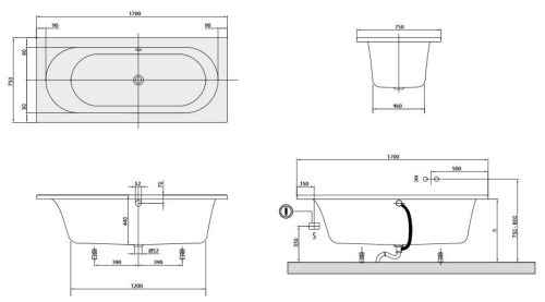 Villeroy & Boch Loop & Friends, Duo, 170x75 cm fürdőkád ovális belső formával UBA170LFO2V-01