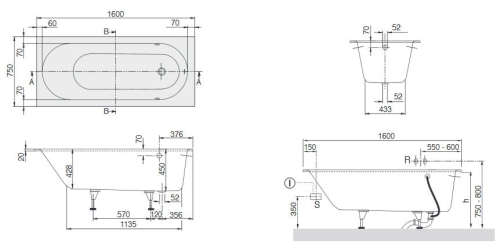 Villeroy & Boch Oberon 160x75 cm fürdőkád UBQ160OBE2V-01