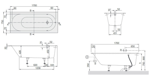 Villeroy & Boch Oberon 170x75 cm fürdőkád UBQ170OBE2V-01