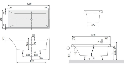 Villeroy & Boch Squaro 170x75 cm fürdőkád UBQ170SQR2V-01