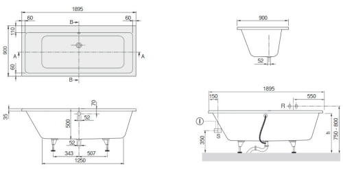 Villeroy & Boch Subway 190x90 cm egyenes fürdőkád UBA199SUB2V-01