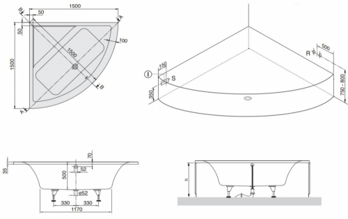 Villeroy & Boch Subway 150x150 cm sarokkád UBA150SUB3V-01