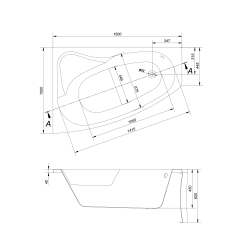 Cersanit Sicilia 150x100 cm-es aszimmetrikus kád kádlábbal, balos S301-095