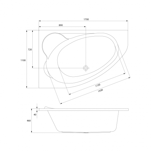 Cersanit Kaliope 170x110 cm-es aszimmetrikus kád kádlábbal, balos S301-114