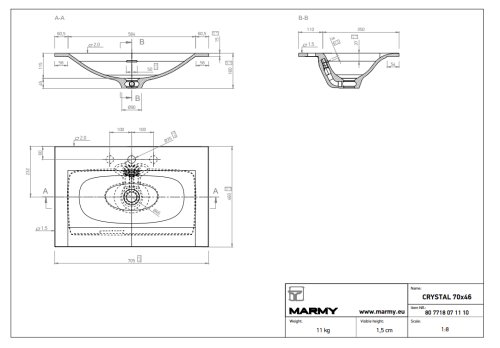 Marmy CRYSTAL 70x46 cm beépíthető öntött márvány mosdó 80 7718 07 11 10