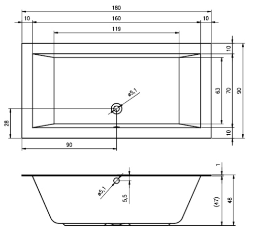 RIHO LUGO 180x90 cm egyenes fürdőkád 1 cm-es peremmel (BT03) B134001005