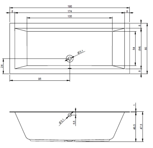 RIHO LUGO 190x80 cm egyenes fürdőkád 1 cm-es peremmel (BT04) B135001005