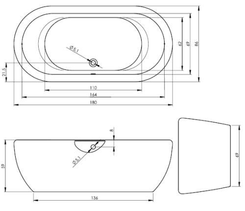 RIHO DUA 180x86 cm szabadonálló fürdőkád, fehér/fekete (BD01665) BD0166500000000