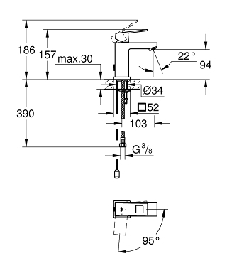 Grohe Eurocube egykaros mosdócsaptelep S-méret, cold start, behúzható lánccal 23391 00E (2339100E)