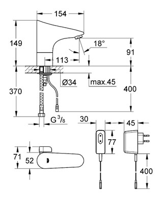 Grohe Europlus E infrás mosdócsaptelep, hálózati 36015 001 (36015001)