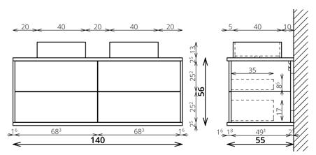 Tboss Minimal 140 2F fürdőszobai alsó szekrény 2 fiókkal, 2 mosdóval