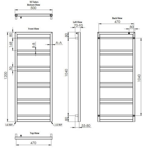 Sapho SONYA 500x1200 mm fürdőszobai radiátor, csiszolt inox (NR250)
