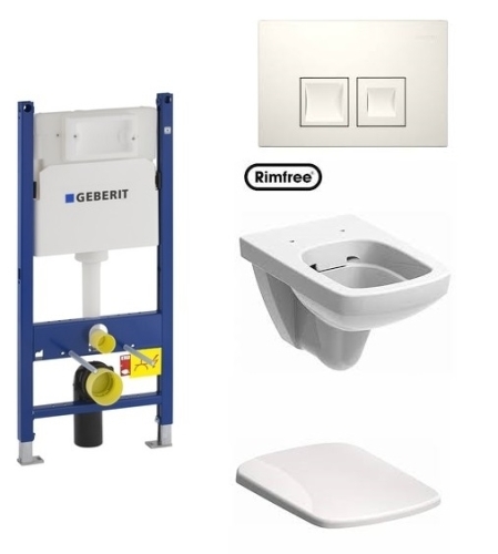 Geberit Duofix Basic 111.153.00.1 szerelő elem kompletten króm nyomólappal, Kolo M33123 perem nélküli wc-vel, lassú záródású ülőkével