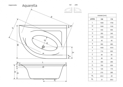 Niwell AQUARELLA 150x100 cm aszimmetrikus kád, balos WANW.ARL.150.100.WH