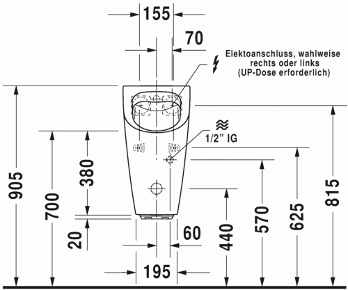 Duravit ME by Starck öblítőperem nélküli elektronikus (hálózat) Rimless piszoár, 0,5 l HygieneGlaze felület légymatricával 2809312097