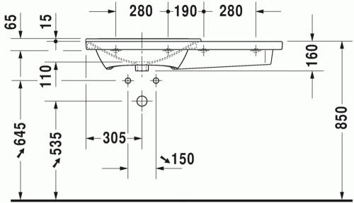 Duravit P3 Comforts 105x49,5 cm bútorral aláépíthető aszimmetrikus mosdó 2333100000