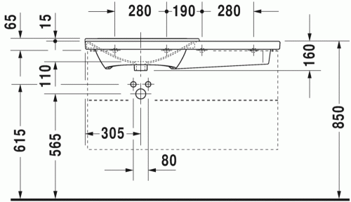 Duravit P3 Comforts 105x49,5 cm bútorral aláépíthető aszimmetrikus mosdó 2333100000