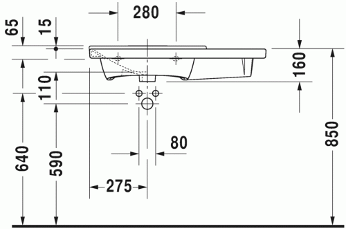 Duravit P3 Comforts 85x49,5 cm bútorral aláépíthető aszimmetrikus mosdó 2333850000