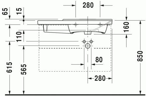 Duravit P3 Comforts 85x49,5 cm bútorral aláépíthető aszimmetrikus mosdó 2334850000