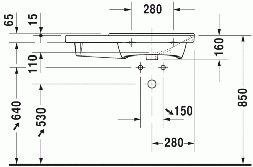 Duravit P3 Comforts 85x49,5 cm bútorral aláépíthető aszimmetrikus mosdó 2334850000