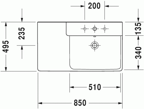 Duravit P3 Comforts 85x49,5 cm bútorral aláépíthető aszimmetrikus mosdó 2334850000