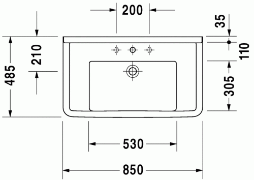 Duravit Starck 3 85x48,5 cm mosdó, túlfolyó nélkül, három csaplyukkal 0304800044