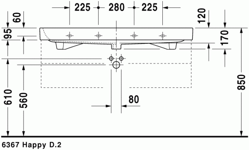 Duravit Happy D.2 120x50,5 cm bútorral aláépíthető mosdó csaplyuk nélkül 2318120060