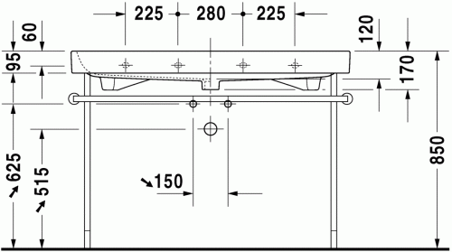 Duravit Happy D.2 120x50,5 cm bútorral aláépíthető mosdó csaplyuk nélkül 2318120060