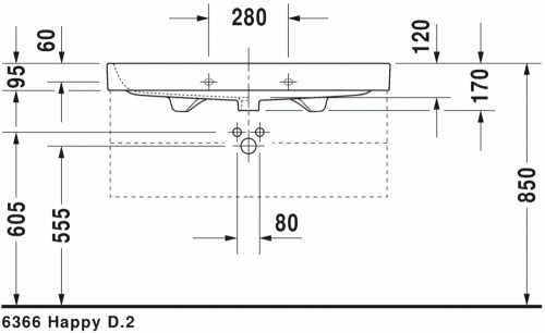 Duravit Happy D.2 100x50,5 cm bútorral aláépíthető mosdó csaplyuk nélkül 2318100060