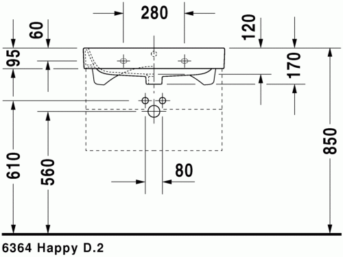 Duravit Happy D.2 65x50,5 cm bútorral aláépíthető mosdó csaplyuk nélkül 2318650060