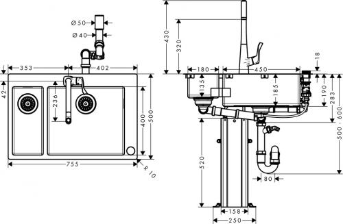 Hansgrohe C71-F655-04 Select mosogató-csaptelep kombináció 180x450; 43210000