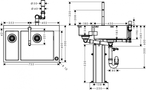 Hansgrohe C71-F655-09 mosogató-csaptelep kombináció 180x450; 43206000