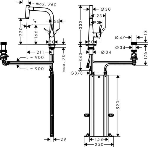 Hansgrohe M7120-H220 2-lyukú egykaros konyhai csaptelep 220 kihúzható zuhanyfejjel, rozsdamentes acél hatású 73805800
