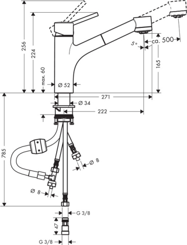 Hansgrohe M525-H170 egykaros konyhai csaptelep kihúzható zuhanyfejjel átfolyós vízmelegítőkhöz, króm 73861000