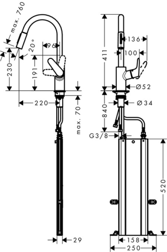 Hansgrohe M4116-H240 egykaros konyhai csaptelep 240 kihúzható zuhanyfejjel, rozsdamentes acél hatású 73880800