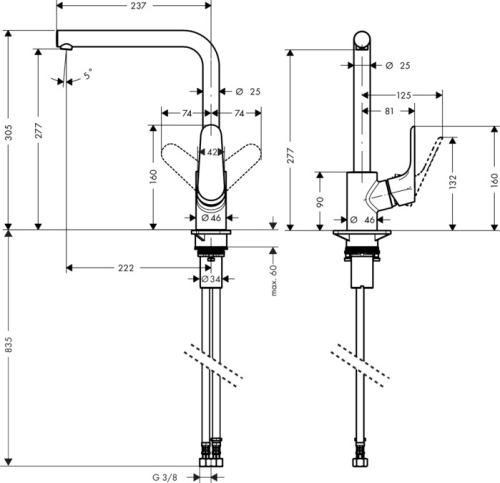 Hansgrohe M411-H280 egykaros konyhai csaptelep 280, rozsdamentes acél hatású 73881800