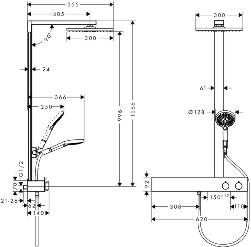 Hansgrohe Raindance E 300 1jet Showerpipe 600 ST zuhanyrendszer EcoSmart 9 l/perc 27364000