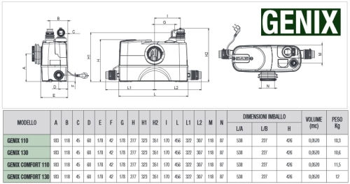 DAB GENIX COMFORT 110 szennyvíz átemelő szivattyú, hangszigetelt, 230V, 1WC+1csatlakozás (DAB_60165322)