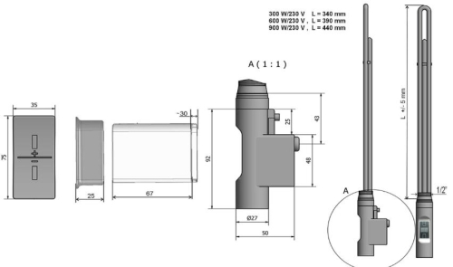 Sapho Elektromos termosztátos fűtőpatron radiátorhoz, távirányítóval, 900W, D forma, antracit (HVD-900A)