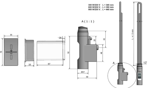 Sapho elektromos termosztátos fűtőpatron radiátorhoz, távirányítóval, 600W, kerek, fehér (HVO-600)