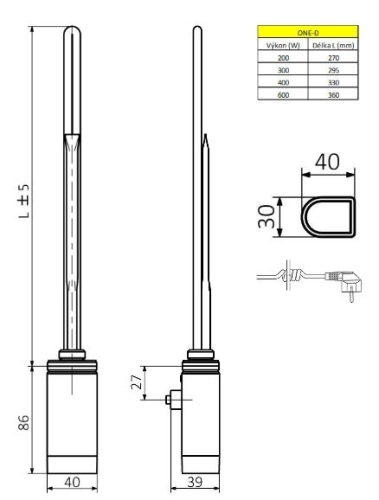 Sapho ONE D termosztátos fűtőpatron balos, 200W, króm (ONE-DL-C-200)