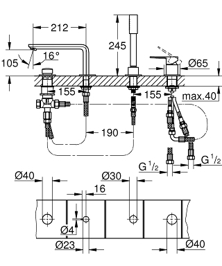 Grohe Lineare 4-lyukú perembe építhető kádtöltő csaptelep, supersteel 19577DC1