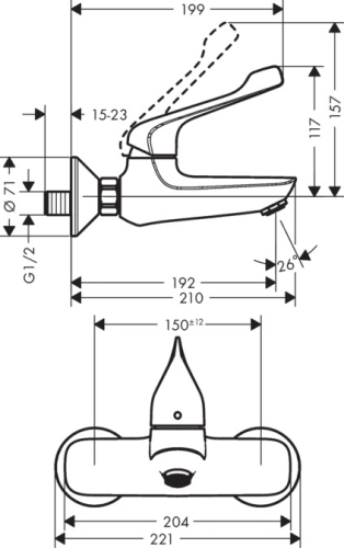 Hansgrohe Novus Care egykaros fali mosdócsaptelep extra hosszú fogantyúval 71923000