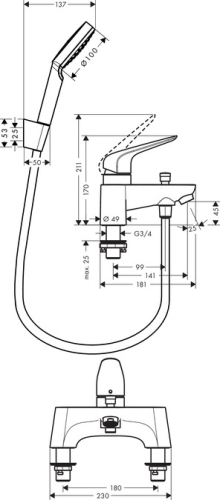 Hansgrohe Novus 2-lyukú peremre szerelhető kádcsaptelep, váltóval és Croma Select 1jet zuhannyal 71044000