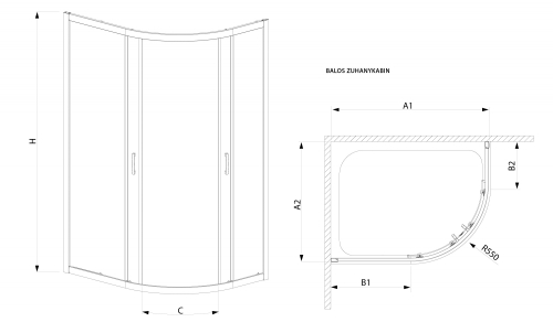 Radaway Premium Plus E1900 A90x80/190 asszimetrikus íves zuhanykabin (30492-01-01N)