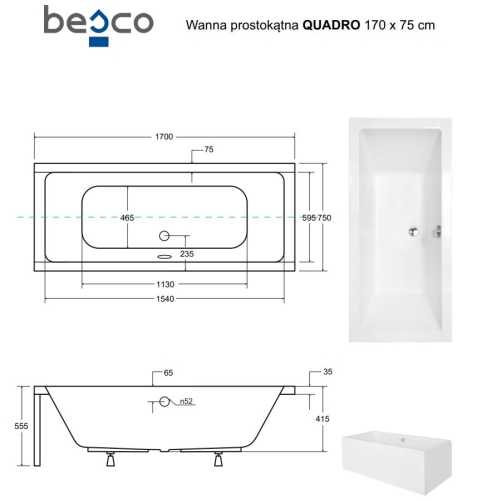 Besco QUADRO 170x75 cm egyenes kád, fehér WAQ-170-PK