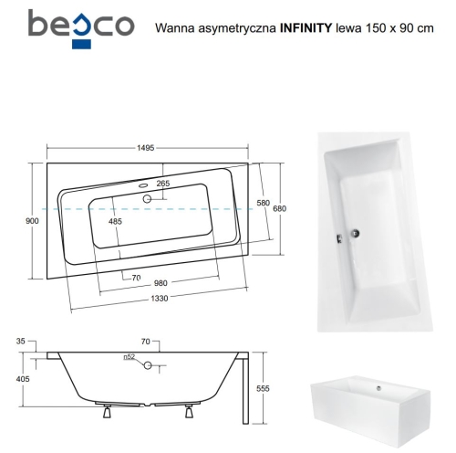 Besco INFINITY 150x90 cm balos aszimmetrikus kád, fehér WAI-150-NL