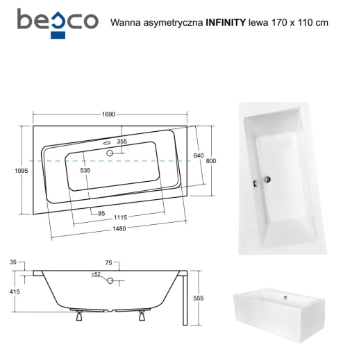 Besco INFINITY 170x110 cm balos aszimmetrikus kád, fehér WAI-170-NL