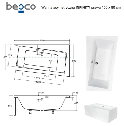 Besco INFINITY 150x90 cm jobbos aszimmetrikus kád, fehér WAI-150-NP
