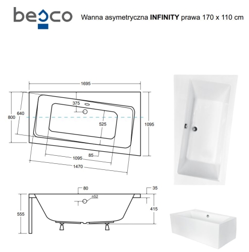 Besco INFINITY 170x110 cm jobbos aszimmetrikus kád, fehér WAI-170-NP